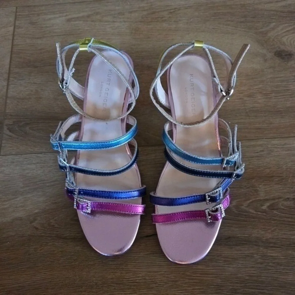 Kurt Geiger London Mini Piera Rainbow Metallic Leather Block Heel Sandals‎ 37/5M